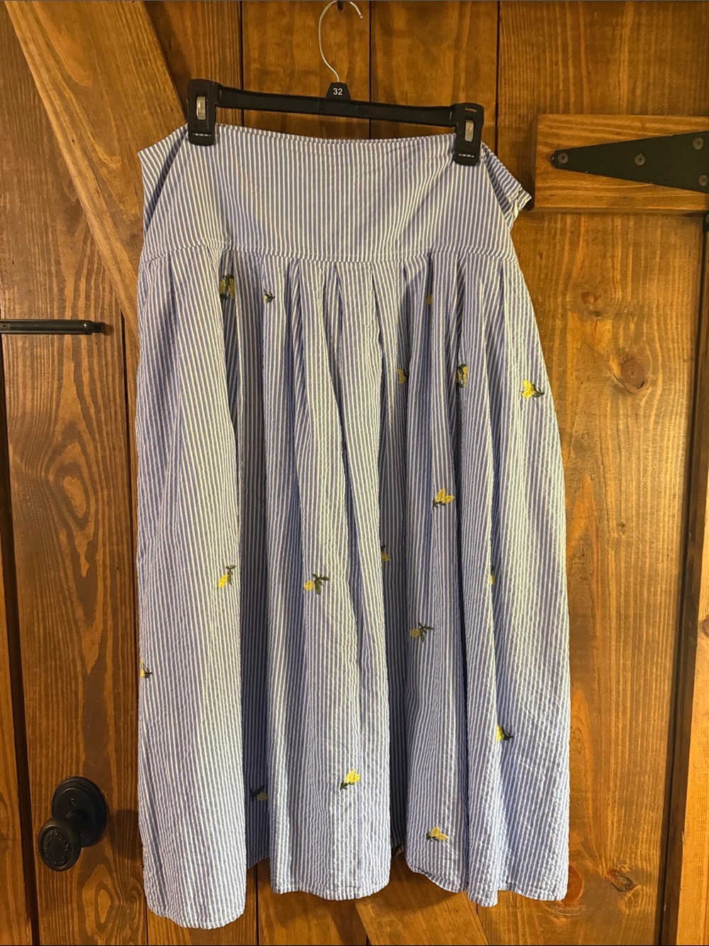 Blue Pinstripe Maxi Skirt with Yellow Embroidery